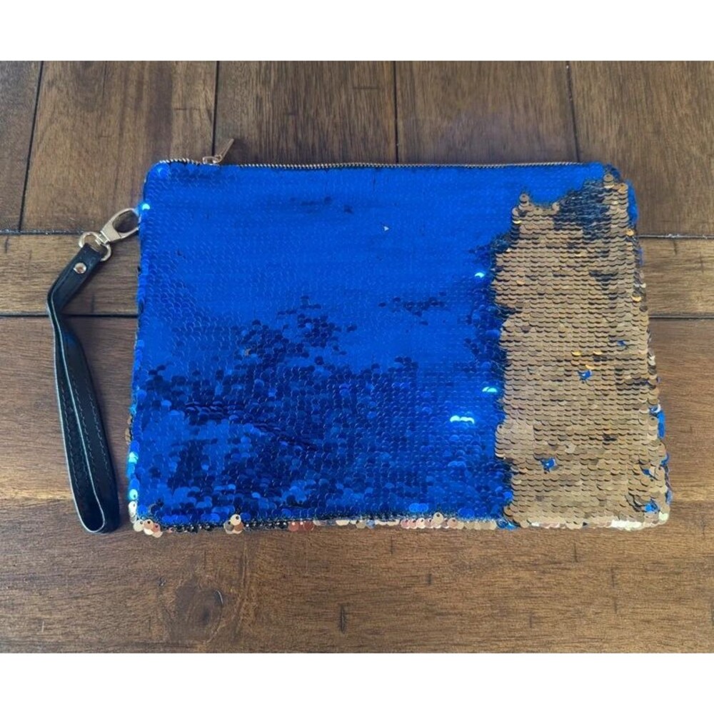 Royal Blue & Gold Reversible Sequin Wristlet / Clutch Y2K Festival Memaidcore
